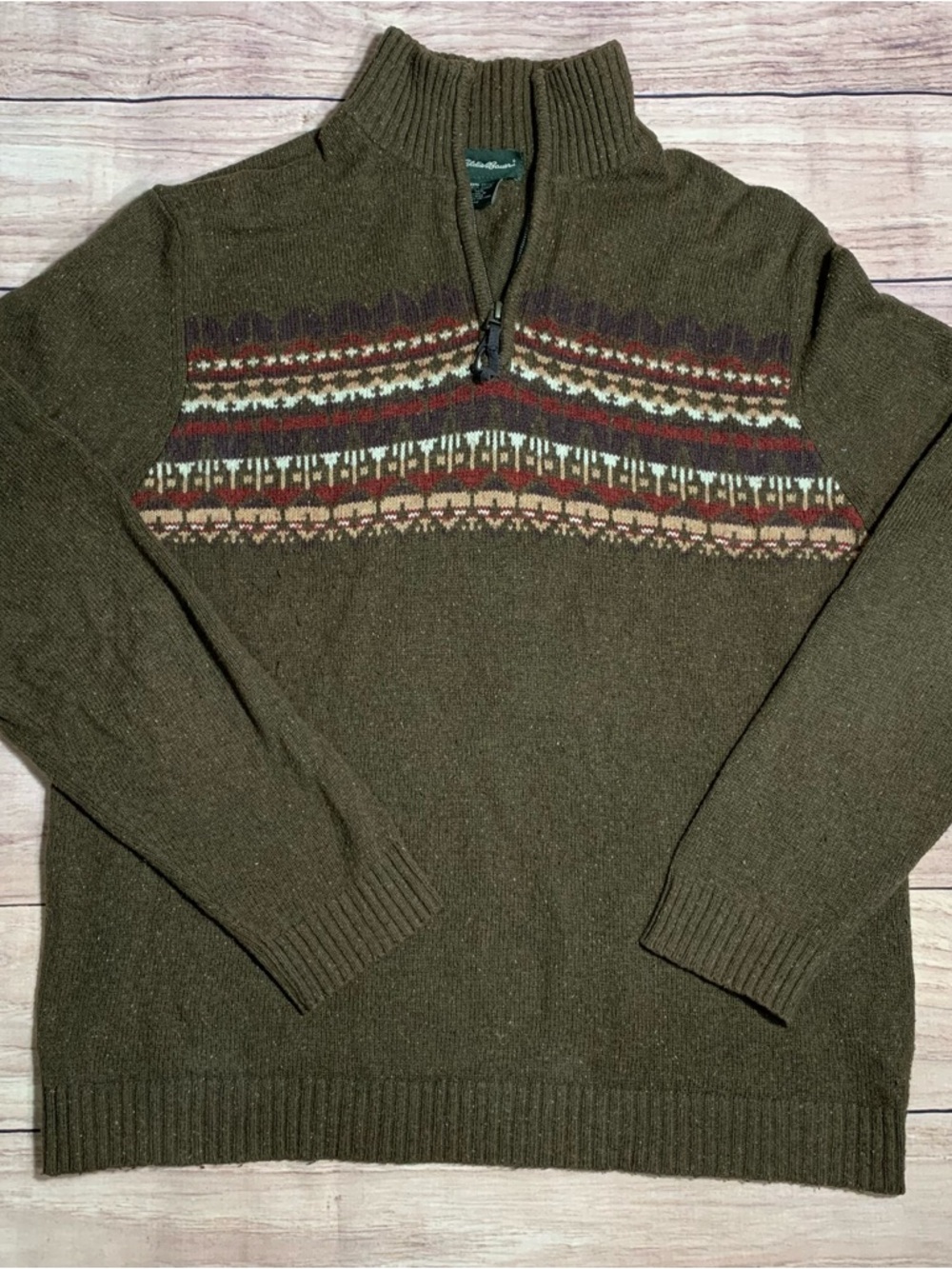Eddie Bauer Olive Green Fair Isle Half-Zip Pullover Sweater